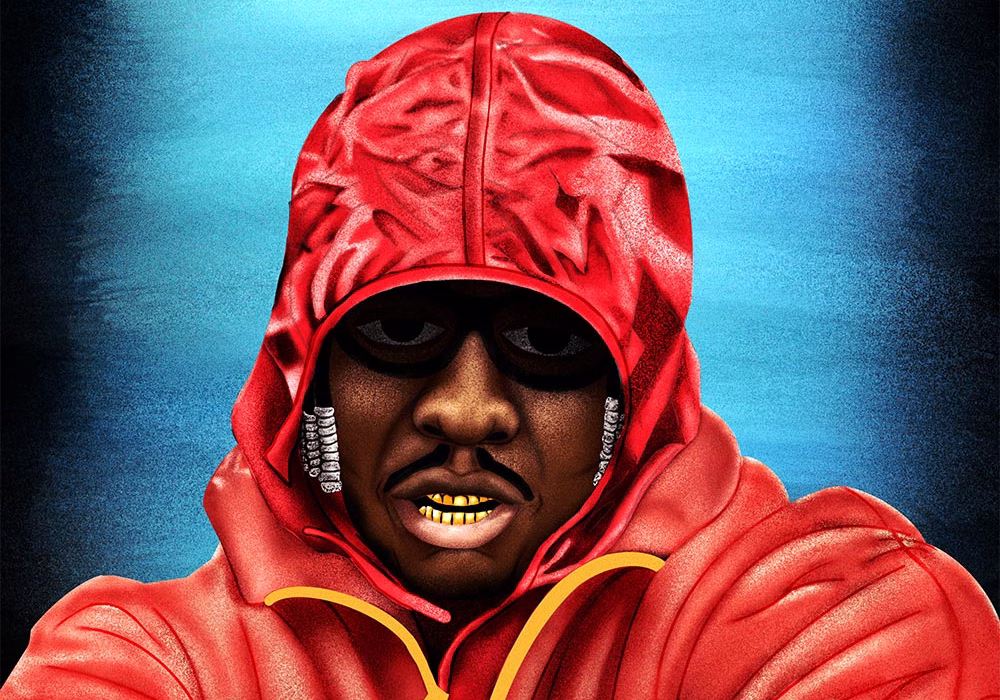 Person in red hoodie against blue background.